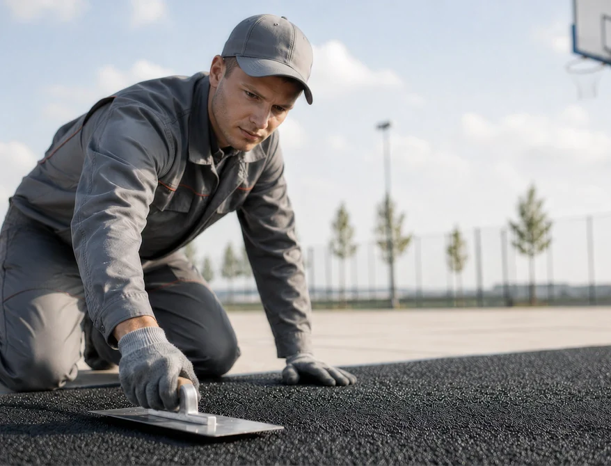 Укладчик выравнивает EPDM-покрытие